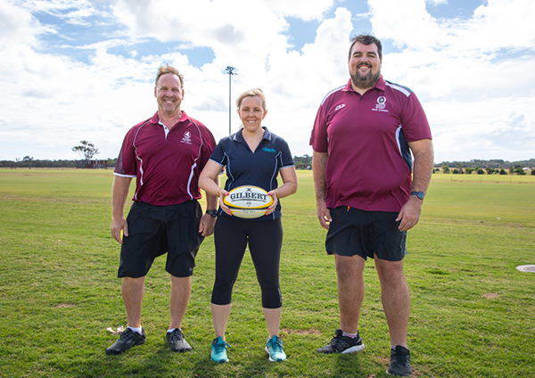 Event Convener Dave Robinson, Cr Jade Wellings and Andrew Rye from Queensland Rugby Football School Union