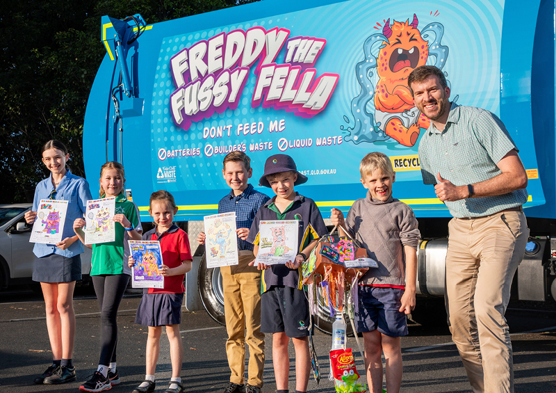 Group photo of colouring comp winners fraser coast waste monsters media release 600x424